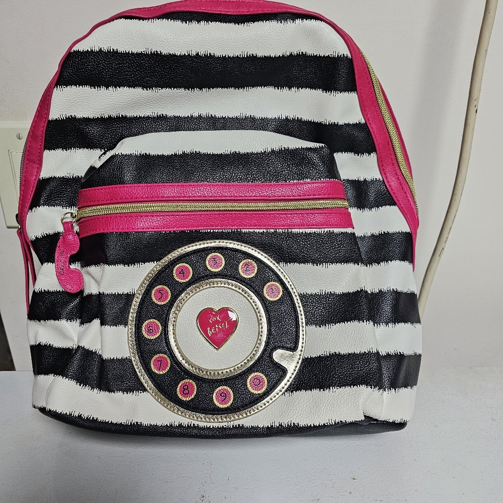 Betsey Johnson- Large- black, white, & pink, telephone motif, back pack purse